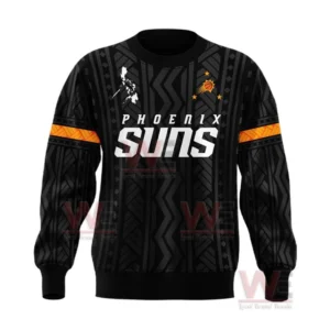 A black patterned sweater with Phoenix Suns lettering and orange sleeve accents!