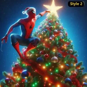 Spider-Man Christmas Tree Topper 7 Spider Man in a Santa hat touching the star on a brightly lit Christmas tree covered with colorful lights and ornaments!
