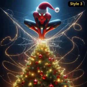 Spider-Man Christmas Tree Topper 8 Spider Man wearing a Santa hat crouched atop a Christmas tree with glowing web designs and holiday lights all around!