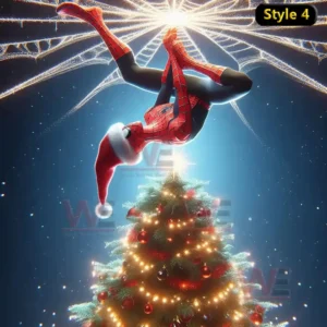 Spider-Man Christmas Tree Topper 9 Spider Man in a Santa hat hanging upside down by webs above a Christmas tree glowing with festive red and gold lights and a bright star on top!