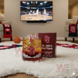 Alt text: A whiskey glass with the St. John's Red Storm logo on it, accompanied by a commemorative box, and a basketball game playing on the TV in the background.