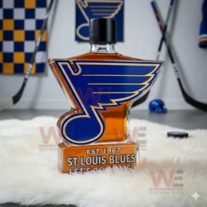 A St Louis Blues logo shaped bottle with a black cap sits on a white rug in a hockey themed room!