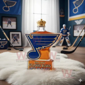 A crown topped St Louis Blues bottle sits on a white rug surrounded by team decor!