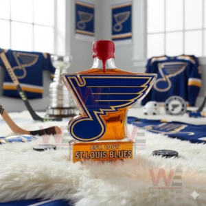 A St Louis Blues logo bottle with a red cap sits on a white rug amid blue and gold decor!