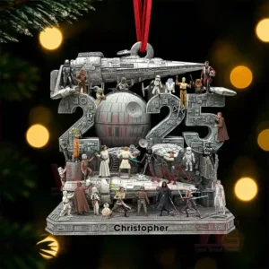 Star Wars 2025 Christmas ornament featuring iconic characters and spaceships with customizable name plate.