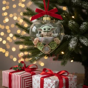 Star Wars Stormtrooper Darth Vader Heart Ornament 11 Heart ornament with a tiny green character in a pod surrounded by roses hanging on a Christmas tree!
