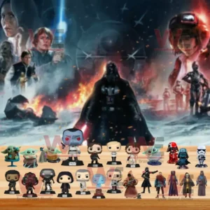 Star Wars the Force Awakens Advent Calendar 6 A lineup of Star Wars character mini figures posed in front of a battle scene from space with fire and light effects.