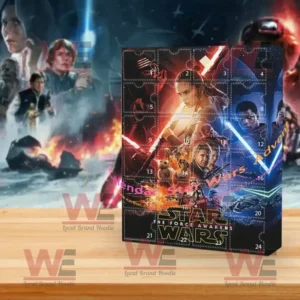 Star Wars the Force Awakens Advent Calendar 7 A Star Wars The Force Awakens themed Advent calendar featuring movie artwork and colorful light effects.