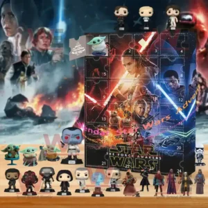 A Star Wars The Force Awakens Advent calendar showing character mini figures placed in front of a dramatic space-themed scene.