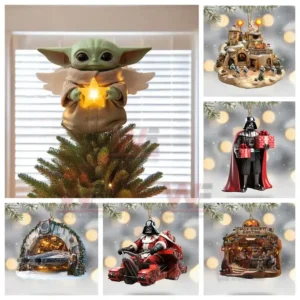 Alt text: Baby Yoda Christmas tree topper with a glowing star and Star Wars ornaments.