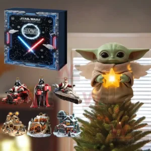 Star Wars Yoda Christmas Tree Topper with Ornament 15 Alt text: Baby Yoda Christmas tree topper with Star Wars-themed ornaments.