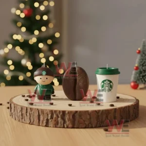 Starbucks Premium Shaped Candle Set 4 Barista figure candle coffee bean candle and cup candle arranged on a wooden slab with coffee beans.