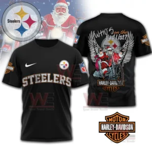 A black steelers themed shirt displaying a team logo on the front and a holiday motorcycle graphic on the back!