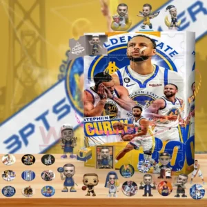 Stephen Curry 2025 advent calendar with mini collectibles and Golden State Warriors theme.