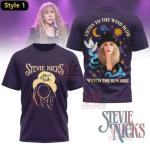 Purple tshirt with gold stylized text on the front and a detailed back graphic showing a woman with long hair surrounded by stars a crescent moon and flowing shapes!
