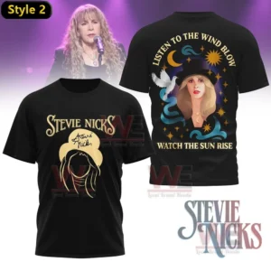 Black tshirt with gold lettering and an outlined portrait on the front and a detailed back illustration featuring a woman stars and celestial symbols!