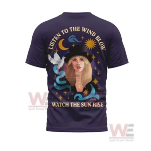 Purple tshirt back graphic featuring a woman in a hat surrounded by stars a dove and swirling decorative shapes!