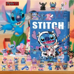 A Stitch themed Christmas Advent calendar with bright holiday imagery and collectible mini figures.