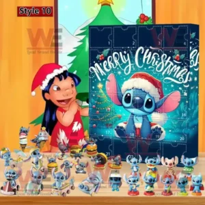 A Stitch themed Advent calendar in vibrant blue design with numerous collectible mini character figures.