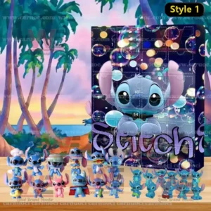 A Stitch winter themed Advent calendar featuring Christmas decorations, snow, and multiple collectible Stitch mini figures.