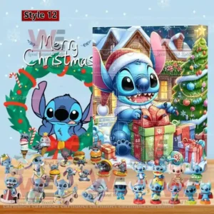 A Stitch Advent calendar designed with playful bubble effects and character figurines arranged in front of the box.
