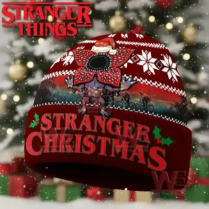 Red Christmas beanie with snowflakes creature graphic Santa hat detail and Stranger Christmas text!