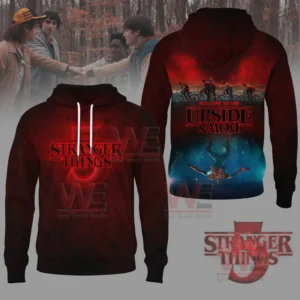 A red and black Stranger Things hoodie with a front logo and an Upside Down scene on the back!