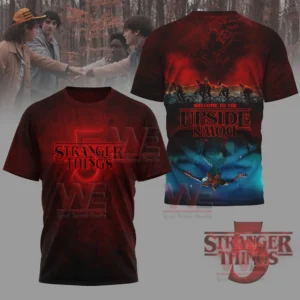Stranger Things 5 Welcome to the Upside Down Shirt and Hoodie 7 A red and black Stranger Things shirt with a front logo and an Upside Down design on the back!