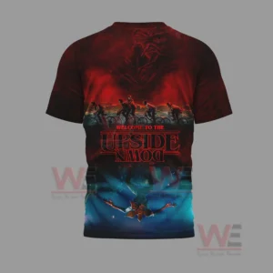 Stranger Things 5 Welcome to the Upside Down Shirt and Hoodie 8 The back of a Stranger Things shirt displaying a split world Upside Down graphic!