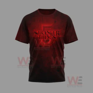 Stranger Things 5 Welcome to the Upside Down Shirt and Hoodie 9 The front of a red and black Stranger Things shirt with a glowing series logo!
