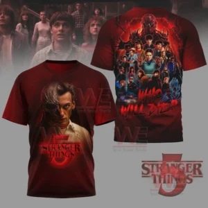 A red Stranger Things shirt with a half transformed face on the front and a cast collage on the back!