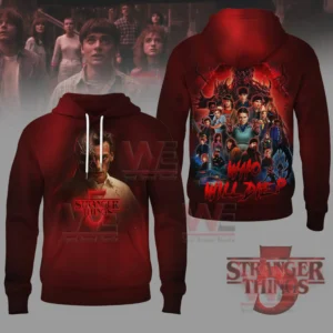 Stranger Things 5 Who Will Die Shirt and Hoodie 7 A red Stranger Things hoodie with a dramatic character portrait on the front and a full cast collage on the back!