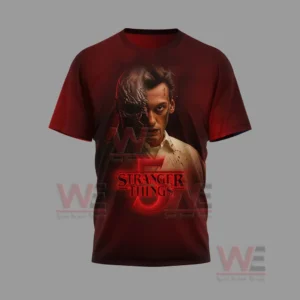 Stranger Things 5 Who Will Die Shirt and Hoodie 8 A red Stranger Things shirt showing a half human half monstrous character portrait!
