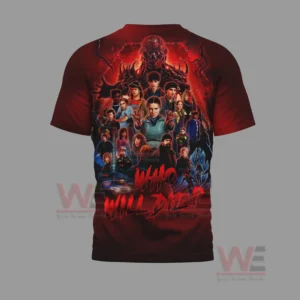 Stranger Things 5 Who Will Die Shirt and Hoodie 9 A dramatic red Stranger Things shirt back with a full cast collage and suspenseful text!