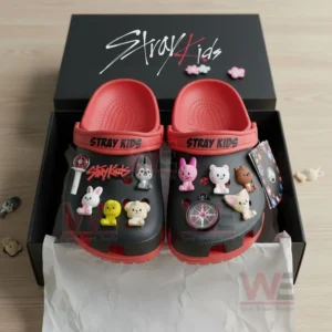 Stray Kids Crocs Crocband Clogs 5 Stray Kids Crocs inside packaging box with colorful charms.