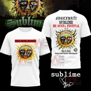 White tshirt with a vivid sun face graphic on the front and a large festival themed sun artwork on the back!