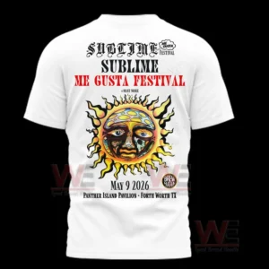 White tshirt back graphic with a large sun illustration and festival style text!