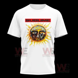 White tshirt front with a red title block and a colorful stylized sun face graphic!