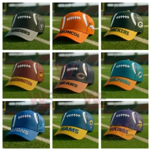 A grid of NFL football themed hats styled with team colors on a field!
