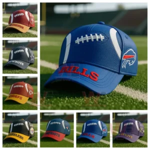 A group of NFL football style hats with a large Bills hat in the center!