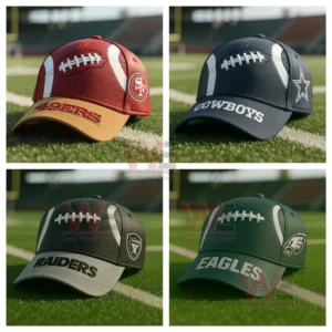 Four NFL football themed hats for the 49ers Cowboys Raiders and Eagles!