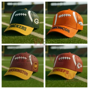 Four NFL team hats designed like footballs for the Packers Broncos Washington and Chiefs!