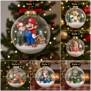 A set of Christmas ornaments featuring various Mario characters inside transparent globes surrounded by snowy details and seasonal decor!