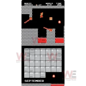 A classic pixel scene of Mario navigating a hazardous castle area positioned over a monthly calendar grid!