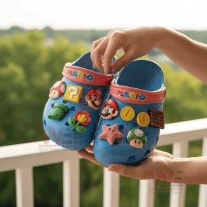 Person holding blue Super Mario Crocs with themed charms outdoors in natural light!
