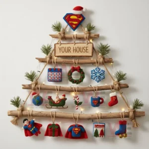 Superman Rustic Wall Christmas Tree 4 Alt text: Superman-themed rustic Christmas tree with Superman characters, stockings, and traditional Christmas ornaments.