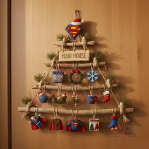 Superman Rustic Wall Christmas Tree 5 Alt text: Close-up of a Superman-themed rustic Christmas tree with Superman decorations and fairy lights.