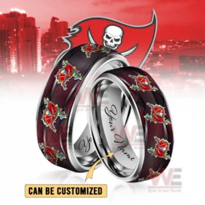 Two silver rings with deep red festive emblem bands and customizable inner engraving!