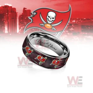 Customizable silver ring with deep red festive emblem pattern before a team logo background!