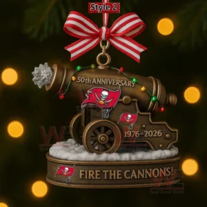 Tampa Bays Buccaneers 50th Anniversary Ornament 7 Cannon ornament for Tampa Bay Buccaneers 50th Anniversary with festive details.